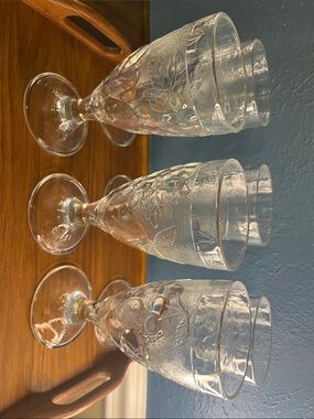 Vintage Arcoroc Clear Stemmed Goblets w/ Raised Fruit Motif- set of 6- 10oz